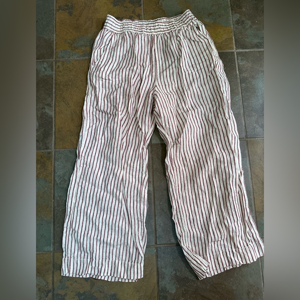 Sold Artisan NY cream red stripe linen coastal crop wide leg boho pants medium